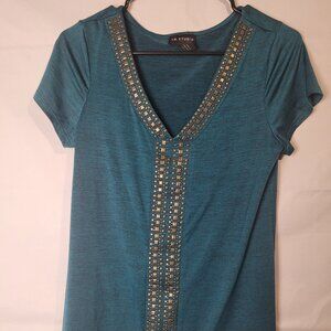 I.N. Studio Green Embellished Studded V-Neck Short Sleeve Banded Waist Top Sz S